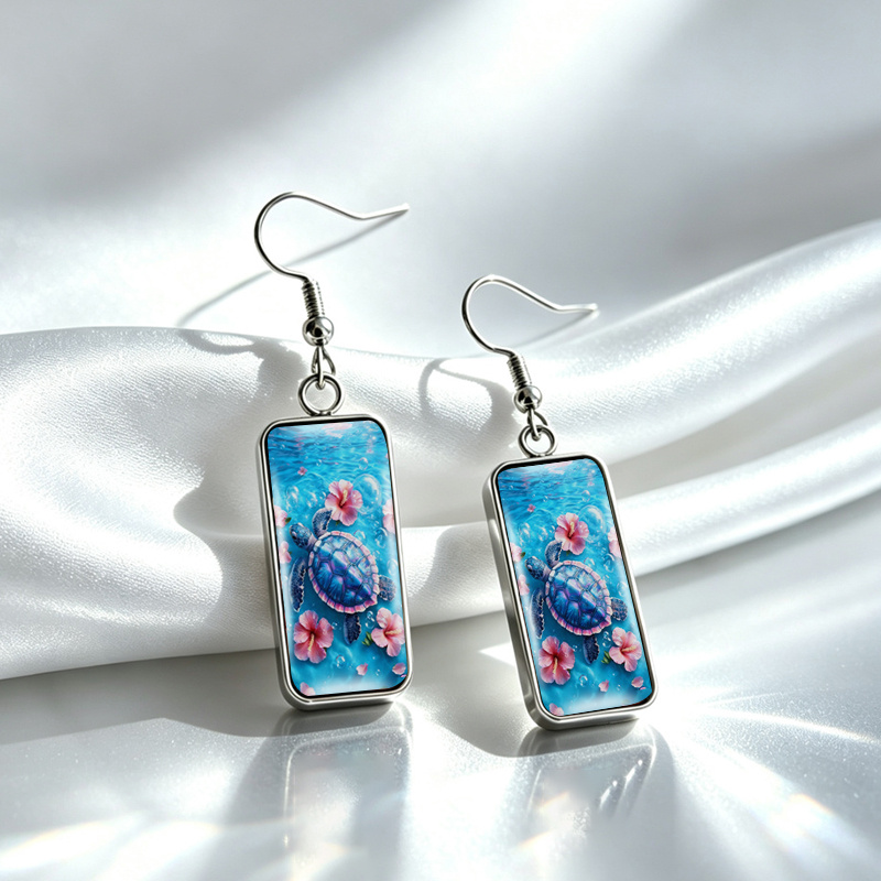Unisex Underwater Sea Turtle Hibiscus Flower Rectangle Earrings